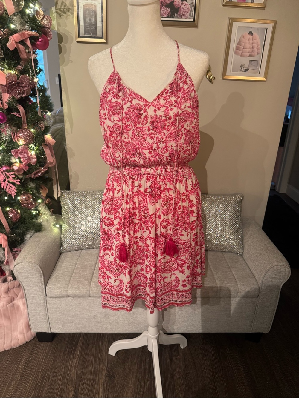 CELINA MOON Pink and White Paisley Print Spaghetti Strap Dress